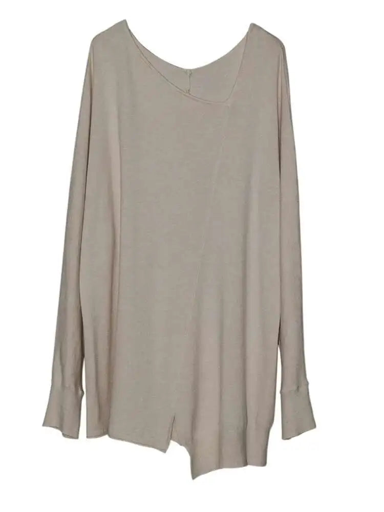 Women Gray Black Brief Irregular Big Size Casual T-shirt New V-Neck Long Sleeve Fashion Tide Spring Autumn 2025 1DJ0234