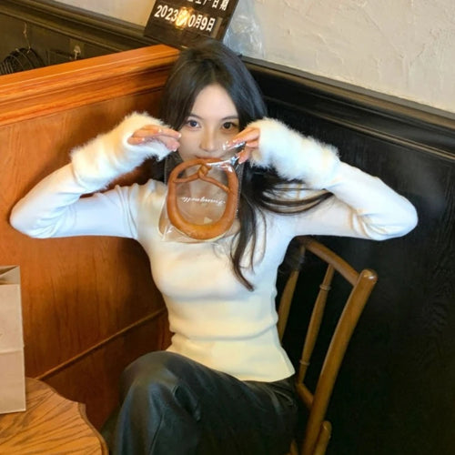 Load image into Gallery viewer, Harajuku Knitted Patchwork Fur Sweet Crop T-Shirts Women Slim Fit Y2k Aesthetic Tees Autumn Vintage Grunge Bottoming Tshirts
