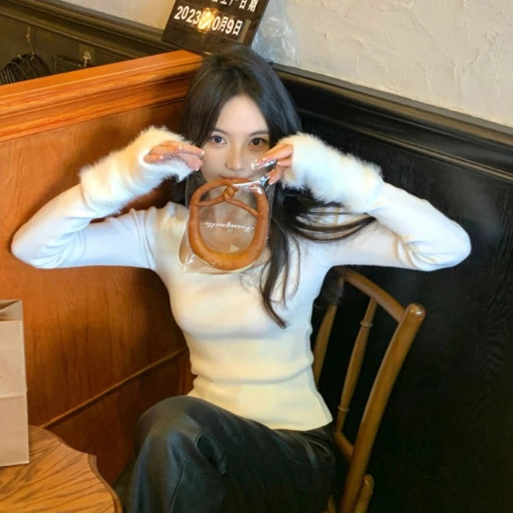 Harajuku Knitted Patchwork Fur Sweet Crop T-Shirts Women Slim Fit Y2k Aesthetic Tees Autumn Vintage Grunge Bottoming Tshirts