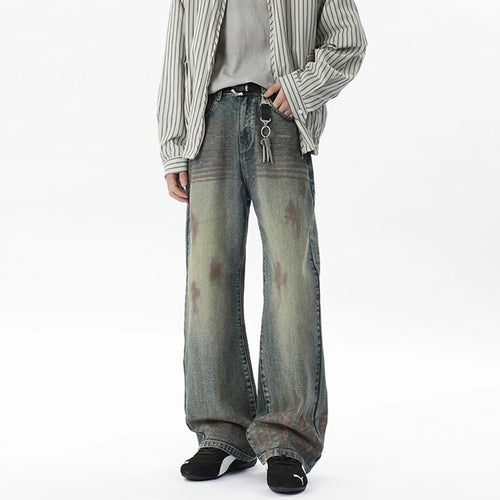 Load image into Gallery viewer, Male Jeasn Splashed Ink Glitter Design New American Style Straight Wide Leg Worn-out Stylish Men&#39;s Summer Bottoms 9W1854
