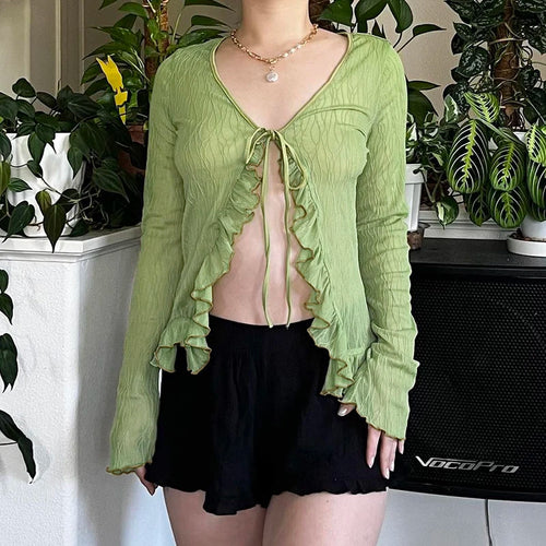 Load image into Gallery viewer, Casual Holidays Textured Ruffles Transparent Women T-shirts Korean Cardigan Lace-Up Top Tee Shirts Folds Sexy Outfits
