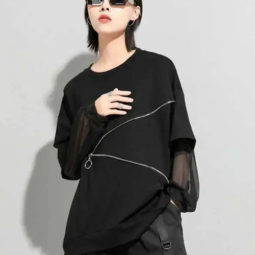Load image into Gallery viewer, Women Black Zippper Mesh Spliced Big Size T-shirt New Round Neck Long Sleeve  Fashion Tide  Spring Autumn 2025 1DD5774
