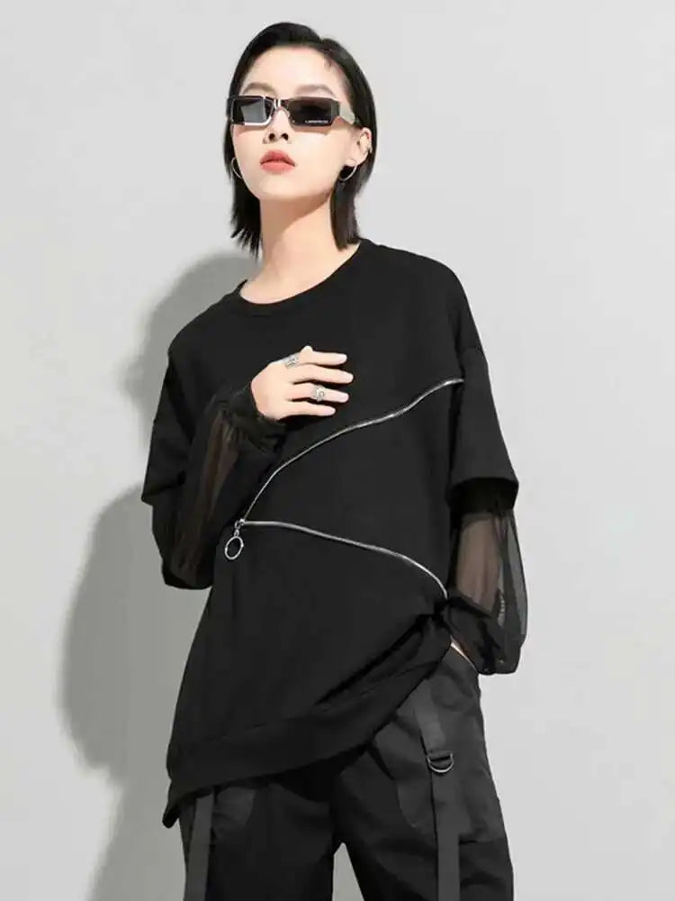 Women Black Zippper Mesh Spliced Big Size T-shirt New Round Neck Long Sleeve  Fashion Tide  Spring Autumn 2025 1DD5774