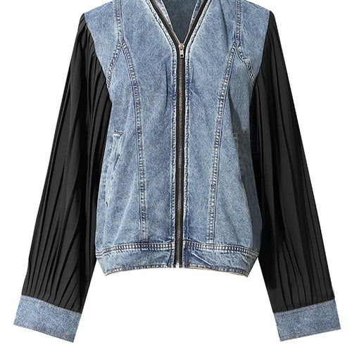 Load image into Gallery viewer, Black Pleated Color-block Denim Jacket New Stand Collar Long Sleeve Women Coat Fashion Tide Spring Autumn 2025 7AB3764
