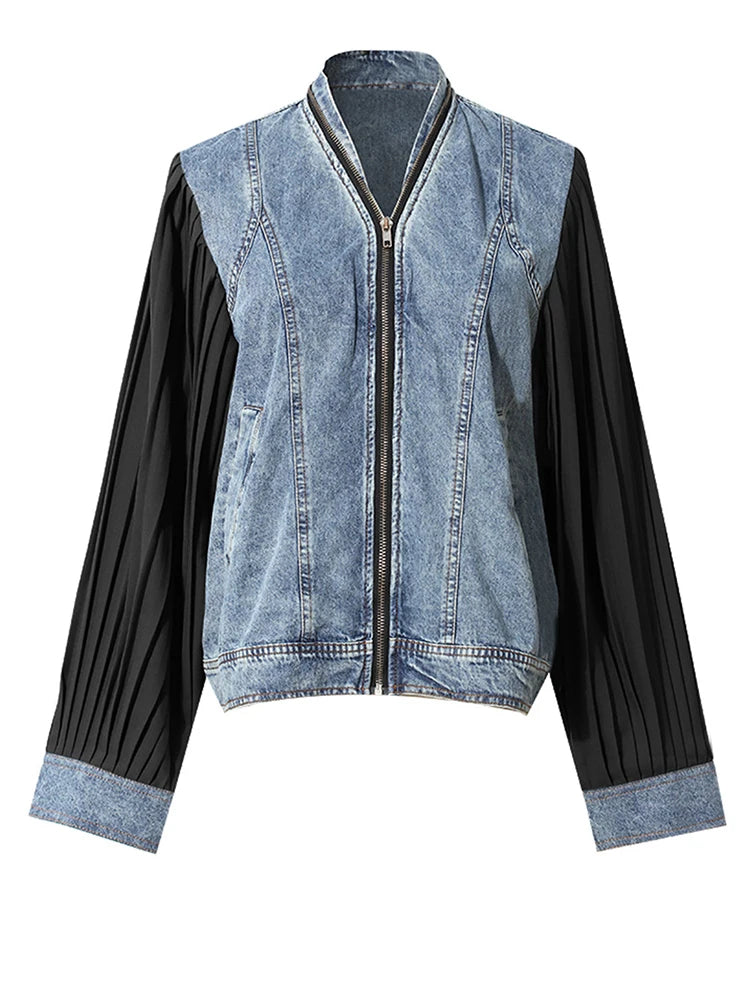 Black Pleated Color-block Denim Jacket New Stand Collar Long Sleeve Women Coat Fashion Tide Spring Autumn 2025 7AB3764