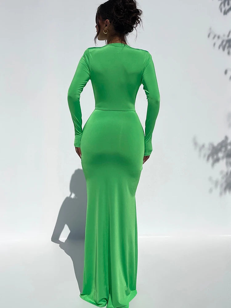 Sexy Deep V Long Sleeve Bodycon Women's Dress Slim Fit Lace Up High Split Female Maxi Dress Party Club Evening Dress