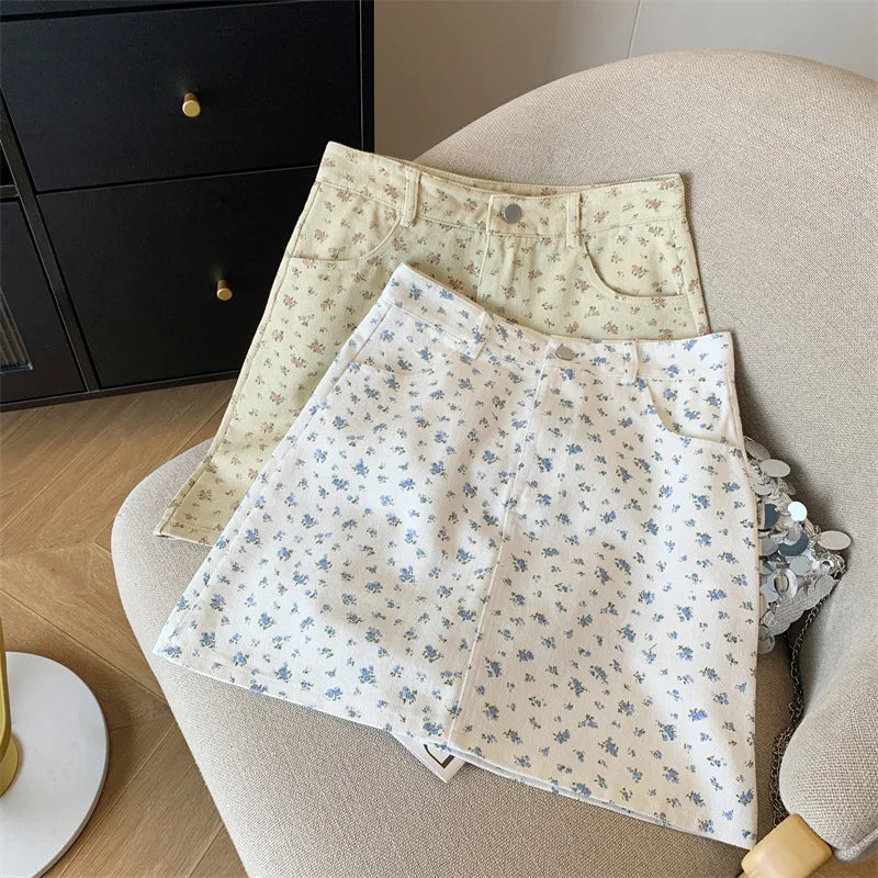 Korean Spring Summer New Vintage Sweet High Waist Fashion Denim A-line Short Pencil Skirt Women Flower Wrapped Hip Mini Skirts