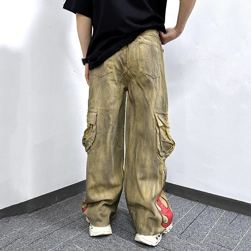 Men's Cargo Pants New American Style Tie Dye Dirty Flame Pattern Washed Straight Wide Leg Male Trousers Summer 9W1787