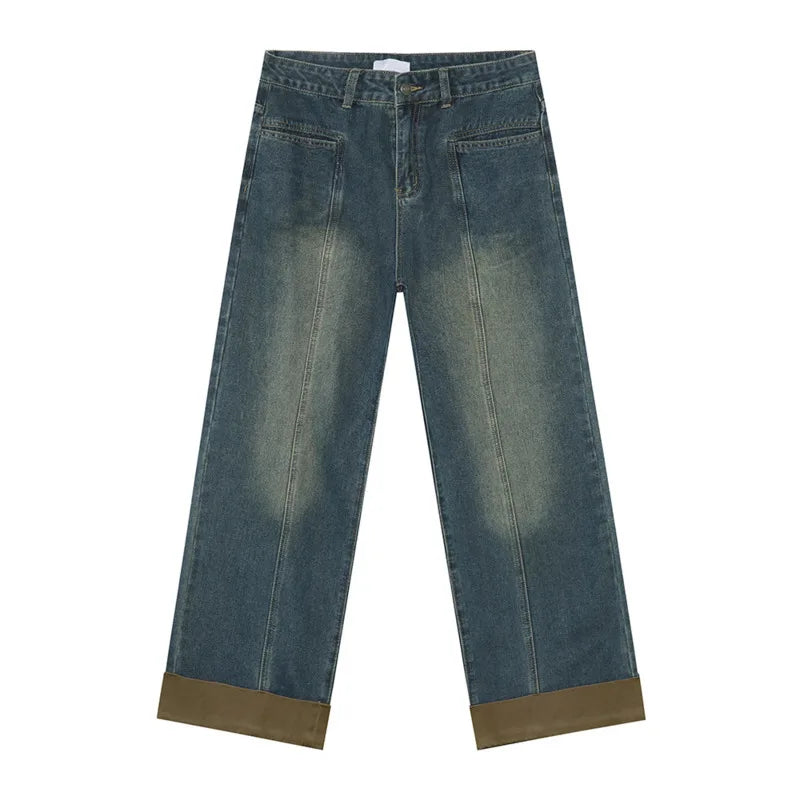 Niche Design Men's Casual Denim Pants Washing Patchwork Deconstruction Contrast Color Straight Wide Leg Male Jeans 9C9337