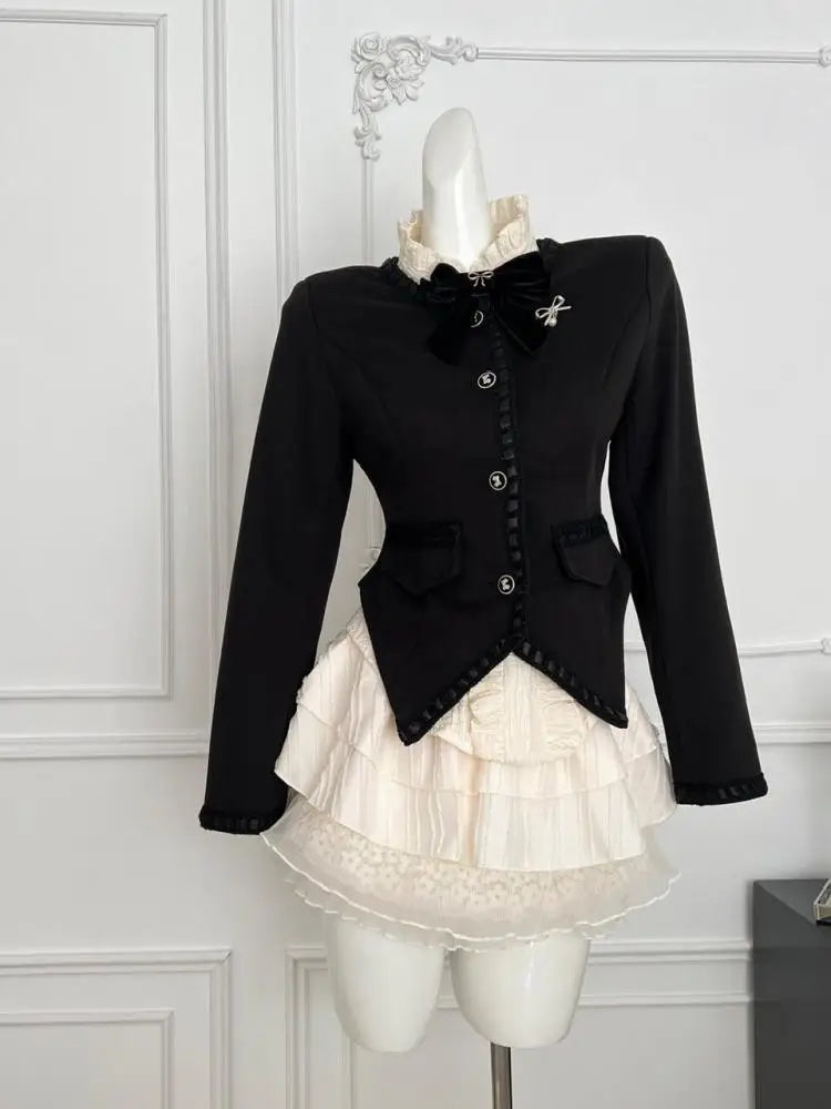 French Vintage Black Small Perfume Style Temperament Short Jacket Women's Autumn Winter Long Sleeved Single Breasted Cotton Coat