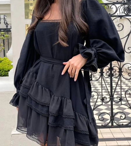 Patchwork Lace Casual Dress For Women Square Collar Long Puff Sleeve High Waist Ruffle Trim Dresses Female 2022 Clothing New