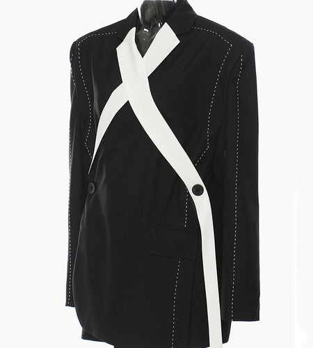 Women Topstitched Cross Big Size Blazer New Lapel Long Sleeve Loose Fit Jacket Fashion Tide Spring Autumn 2025 1DE9036