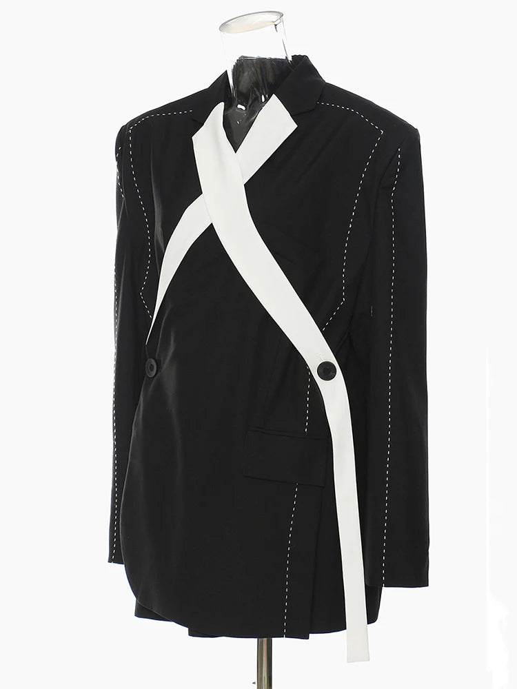 Women Topstitched Cross Big Size Blazer New Lapel Long Sleeve Loose Fit Jacket Fashion Tide Spring Autumn 2025 1DE9036