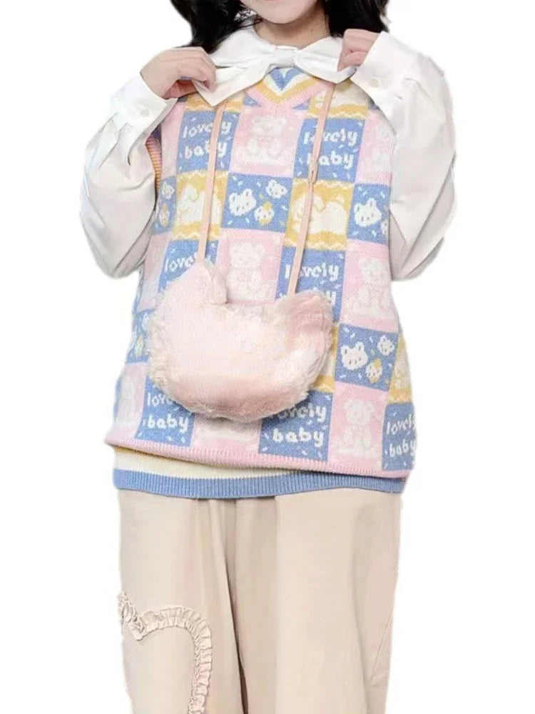 2025 Harajuku Fashion Sweater Vest Outfits Casual Women Cartoon Jacquard Knitted Tanks Vintage All Match Y2k Aesthetic Clothing
