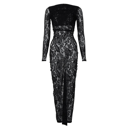 Load image into Gallery viewer, Lace Backless Sexy Maxi Dress For Women Gown Fashion Solid O Neck Long Sleeve Ruched Bodycon Club Long Dress Vestido
