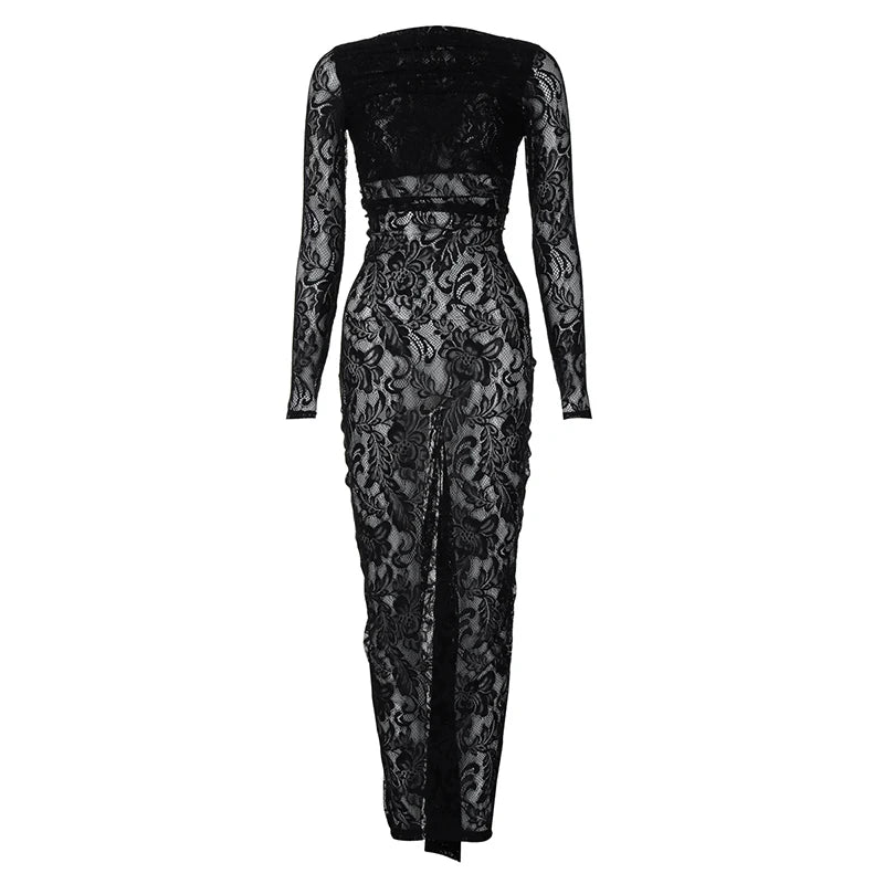 Lace Backless Sexy Maxi Dress For Women Gown Fashion Solid O Neck Long Sleeve Ruched Bodycon Club Long Dress Vestido