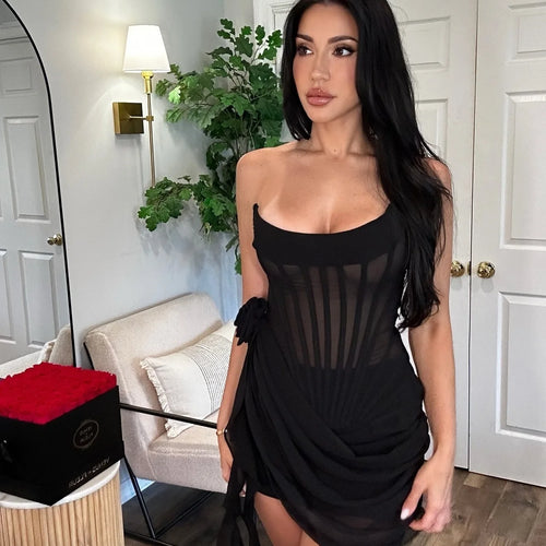 Load image into Gallery viewer, Sexy Strapless Bandage Double-layer Mesh Patchwork Dress Women Perspective Tight Flower Ribbon Vestidos Party Clubwear
