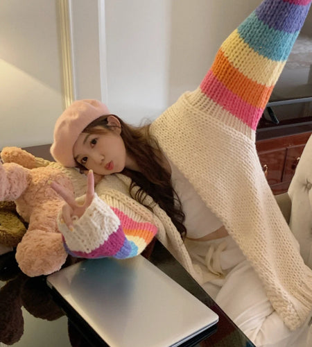 Vintage Rainbow Striped Sweaters Female Casual Sweet Y2k Cardigan Korean Fashion Knitted Top 2025 Autumn Kardigany