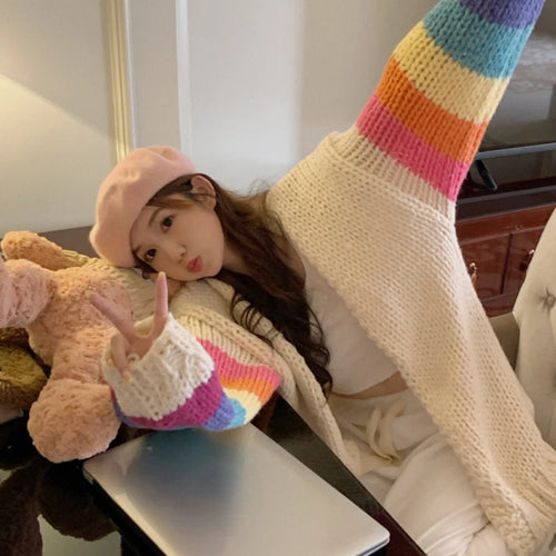 Load image into Gallery viewer, Vintage Rainbow Striped Sweaters Female Casual Sweet Y2k Cardigan Korean Fashion Knitted Top 2025 Autumn Kardigany
