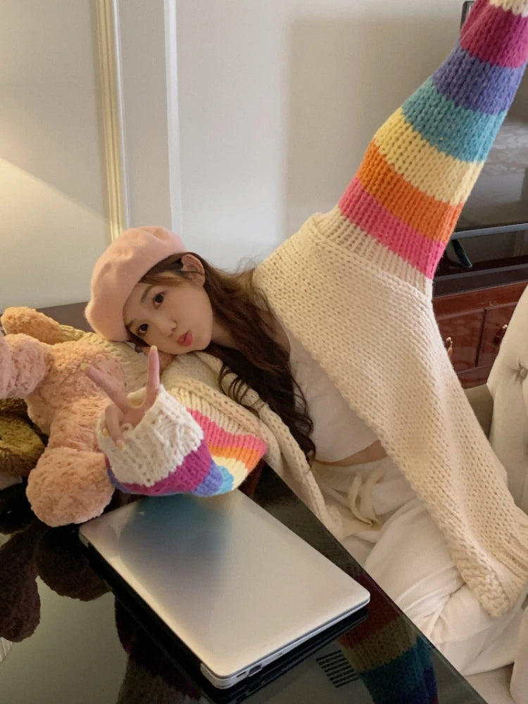 Vintage Rainbow Striped Sweaters Female Casual Sweet Y2k Cardigan Korean Fashion Knitted Top 2025 Autumn Kardigany