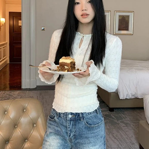 Load image into Gallery viewer, Y2k Aesthetic Hollow Out Bow T-shirts Fairy Grunge Embroidery Knitted Slim Fit Streetwear Crop Tops Women Harajuku Ruffled Tee
