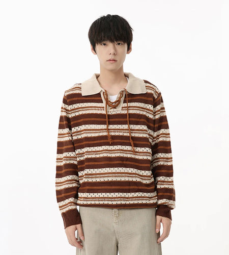 Stylish Men's Sweater 2024 Autumn Turn-down Collar Contrast Color Strap Striped Knitted Top Vintage Male Top 9C6929