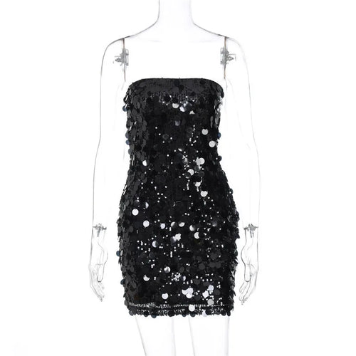 Load image into Gallery viewer, Sequins Strapless Backless Sexy Mini Dress For Women Robe Fashion Off-shoulder Sleeveless Sparkle Shiny Club Dress
