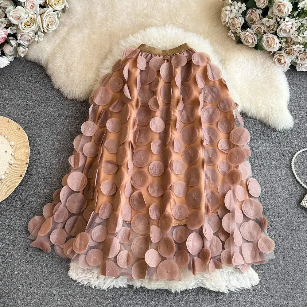 Solid 3d Flower Mesh Splicing Round Polka Dots Casual Skirt Spring Autumn Women Elastic High Waist Midi Skirt Kroean Style Trend