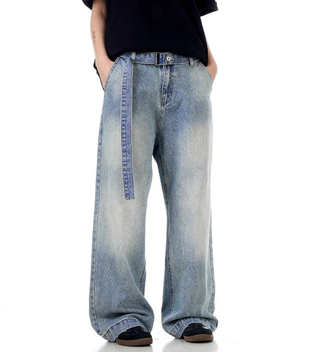 Men's Jeans New American Style Waistband Solid Color Design Denim Pants Loose Straight Leg Pants Trendy Spring 2025 9W1378