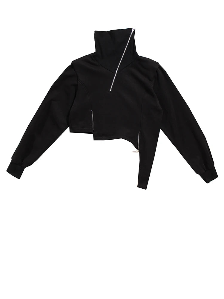 Loose Fit Black Zipper Irregular Sweatshirt New Turtleneck Long Sleeve Women Big Size Fashion Spring Autumn 2025 1DE3327