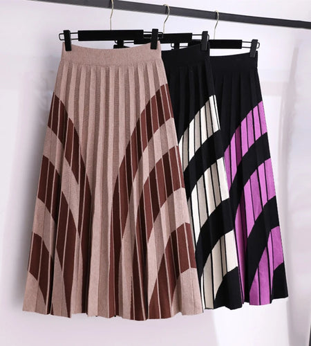 Pleated Skirts Womens Knitted Large Size Elastic High Waist A-line Long Skirt Winter Vintage Casual Office Lady Skirt Female