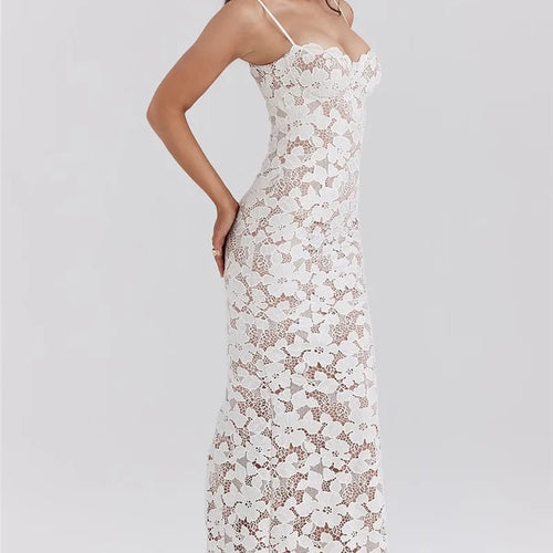 Load image into Gallery viewer, Floral Embroidery Sexy Maxi Dress For Women Fashion Spaghetti Strap Sleeveless Backless Lace-up Club Party Long Dress
