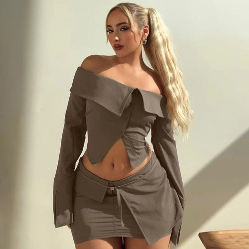 Load image into Gallery viewer, Sexy Two Piece Sets Women Off-shoulder Long Sleeve T-shirt And Mini Skirt Matching Sets Backless Sexy 2 Piece Sets
