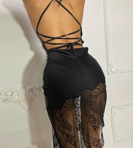 Lace Patchwork Backless Midi Dress Women Black Sexy Lace Up Skinny Dress Clubwear Fashion Satin Bandage Vestidos Hot