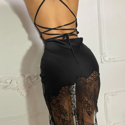 Load image into Gallery viewer, Lace Patchwork Backless Midi Dress Women Black Sexy Lace Up Skinny Dress Clubwear Fashion Satin Bandage Vestidos Hot
