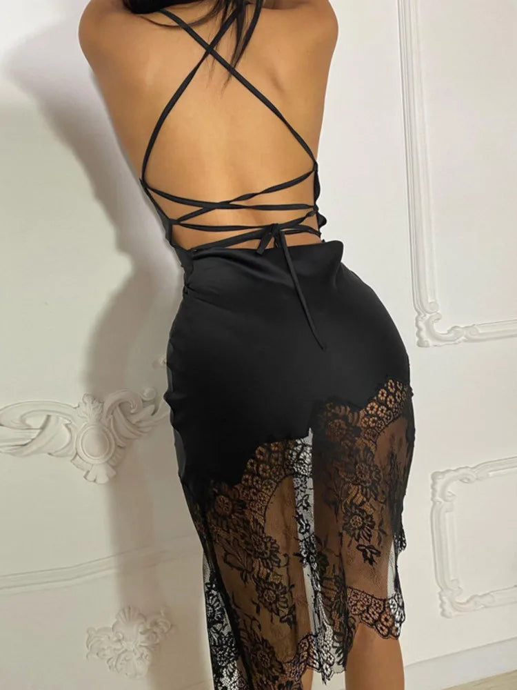 Lace Patchwork Backless Midi Dress Women Black Sexy Lace Up Skinny Dress Clubwear Fashion Satin Bandage Vestidos Hot