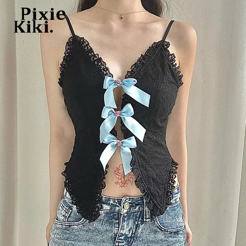 Load image into Gallery viewer, Bows Lace Black Crop Top Coquette Clothes Aesthetic V Neck Backless Y2k Cute Summer Tops Women Tanks &amp; Camis P77-CH10
