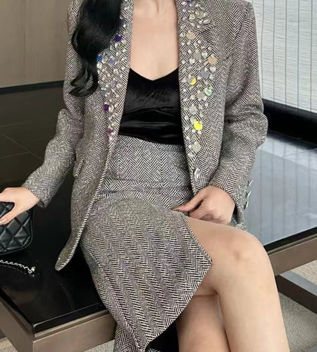 Hit Color Spliced Sequines Two Piece Set For Women Lapel Long Sleeve Coat High Waist Temperament Skirts Sets Female