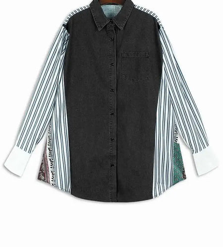 Women Blue Pattern Printed Denim Big Size Long Blouse New Lapel Long Sleeve Shirt Fashion Tide Spring Autumn 2025 1DH4876