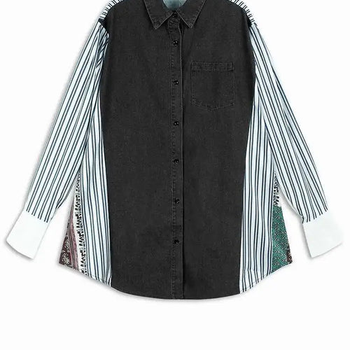 Load image into Gallery viewer, Women Blue Pattern Printed Denim Big Size Long Blouse New Lapel Long Sleeve Shirt Fashion Tide Spring Autumn 2025 1DH4876
