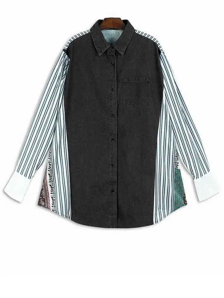 Women Blue Pattern Printed Denim Big Size Long Blouse New Lapel Long Sleeve Shirt Fashion Tide Spring Autumn 2025 1DH4876