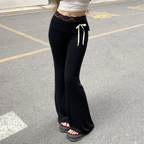 Load image into Gallery viewer, Casual Black Skinny Lace Spliced Basic Women Pants Bow Yoga Soft Gym Bow Harajuku Full Length Flared Trousers Bottoms
