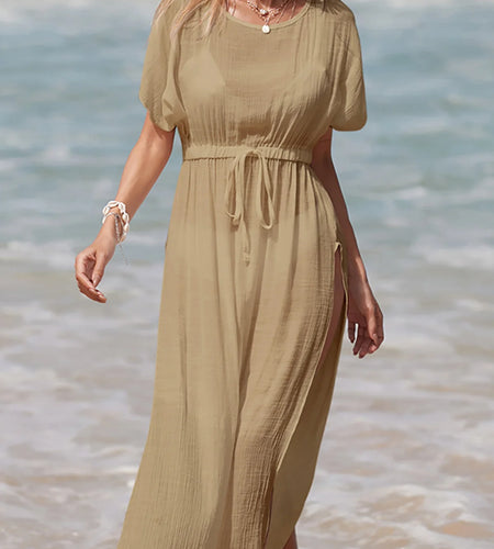 Sexy Short Sleeve High Split Crochet Knitted Tunic Beach Cover Up Cover-ups Beach Dress Beach Wear Beachwear Female Women V5617