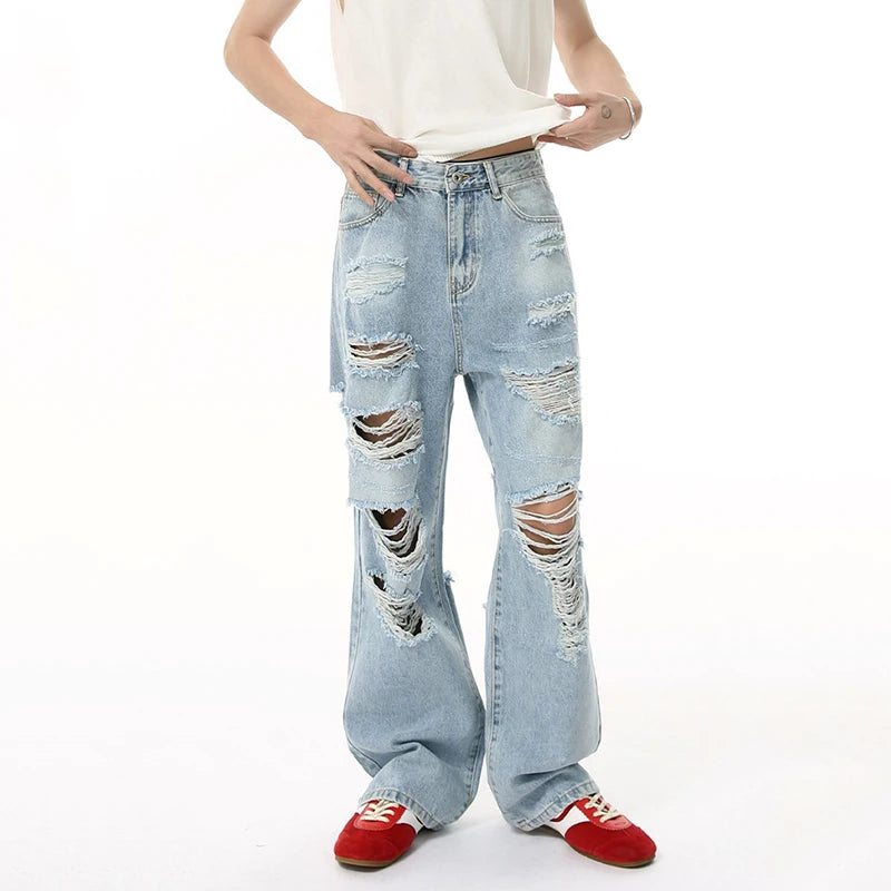Men's Jeans New American High Street Style Personalized Hole Design Distressed Straight Wide Leg Male Denim Pants 9W1835