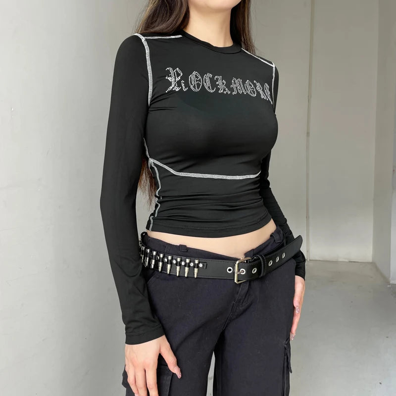 Fashion Line Stitch Skinny Long Sleeve Tee Shirts Women Streetwear Rhinestone Autumn Top T shirts Gothic Outfits Dark