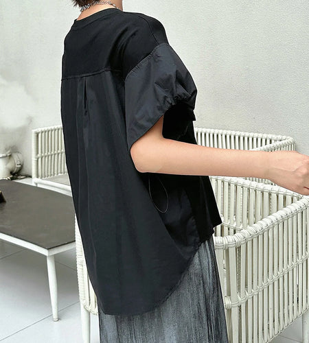Women Black Drawstring Big Size Casual T-shirt New Round Neck Short Sleeve Fashion Tide Spring Summer 2025 1DJ1889
