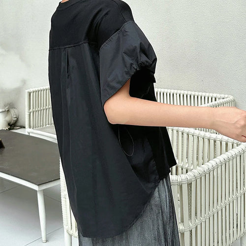 Load image into Gallery viewer, Women Black Drawstring Big Size Casual T-shirt New Round Neck Short Sleeve Fashion Tide Spring Summer 2025 1DJ1889
