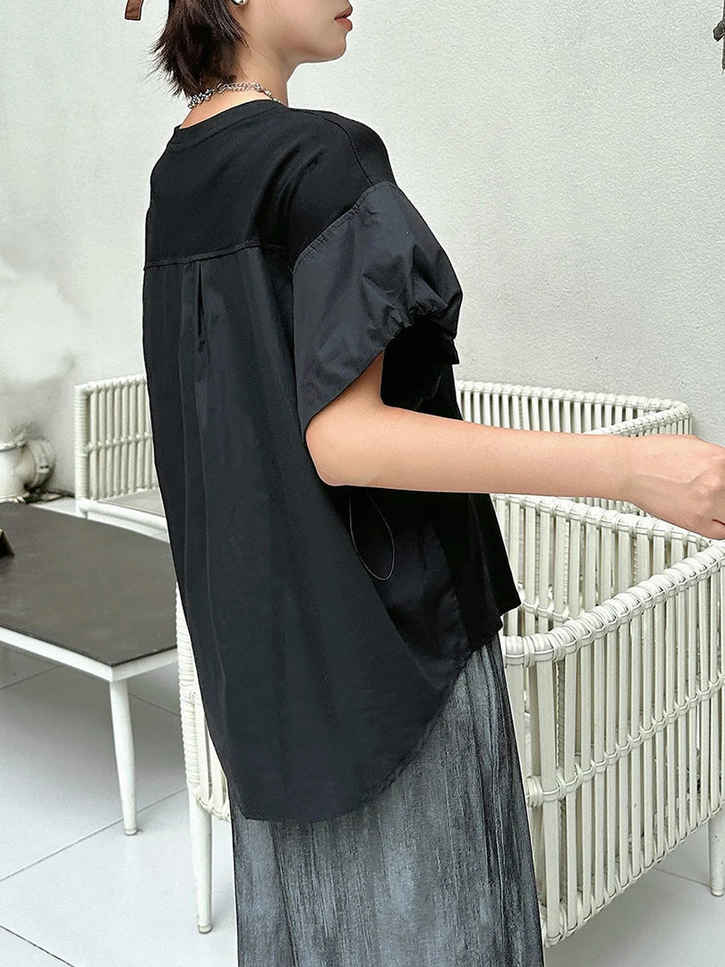 Women Black Drawstring Big Size Casual T-shirt New Round Neck Short Sleeve Fashion Tide Spring Summer 2025 1DJ1889