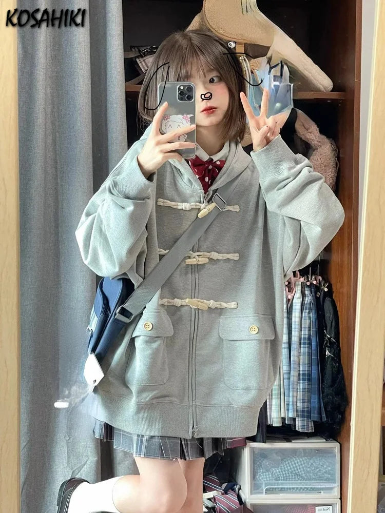 Y2k Aesthetic Horn Button Jacket Womens Jackets 2025 Autumn New Korean Kawaii Solid Preppy Clothes Casual All Match Femme Tops