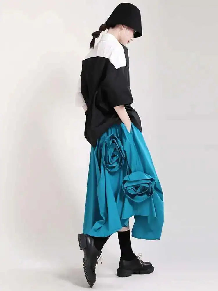 High Elastic Waist Blue Three Dimensional Flower Pleated Half-body Skirt Women Fashion New Spring Autumn 2025 1DF5749